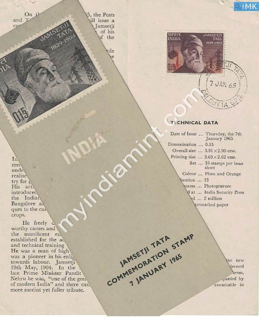 India 1965 Jamsetji Nusserwanji Tata (Cancelled Brochure) - buy online Indian stamps philately - myindiamint.com