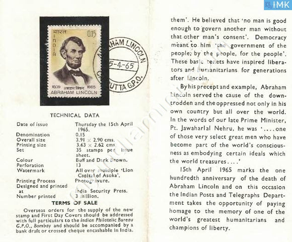 India 1965 Abrahim Lincoln (Cancelled Brochure) - buy online Indian stamps philately - myindiamint.com