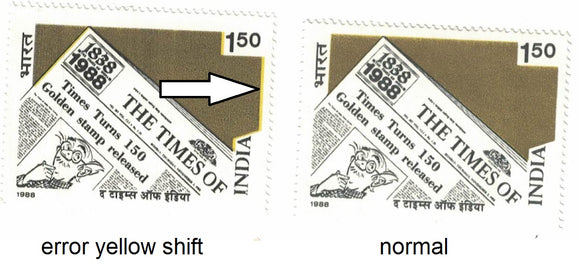 India 1988 Times of India Newspaper Error Yellow Shift #ER6 (normal+error)
