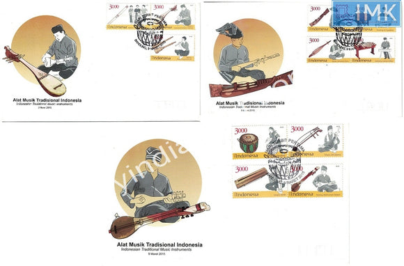 Indonesia 2015 Set of 3 FDC on Traditional Musical Instruments with one Brochure